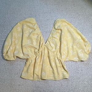 Zara Yellow Floral Puff Sleeve V-Neck Top Size M